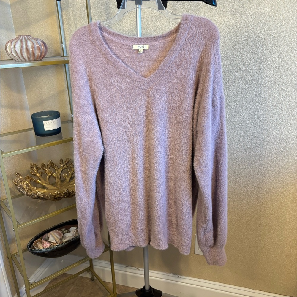 KORI America Super Soft Fuzzy Mauve V Neck Cozy Sweater Size Large